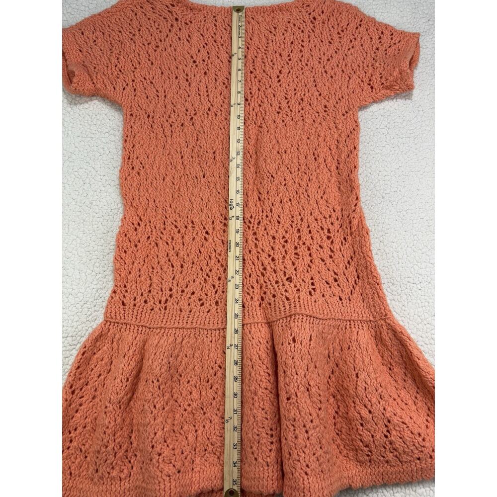 Vintage Hand Knit Dress Salmon Coral Open Crochet Drop Waist Dress Chunky Ruffle - Picture 5 of 5